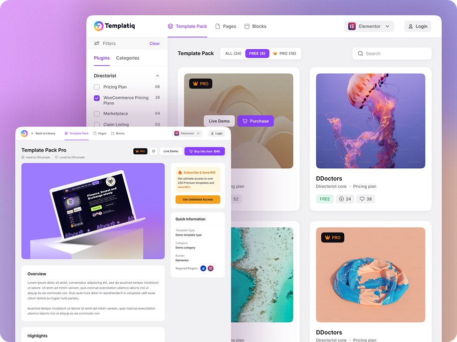 Templatiq — UI/UX Design for a Template Library Marketplace Plugin project